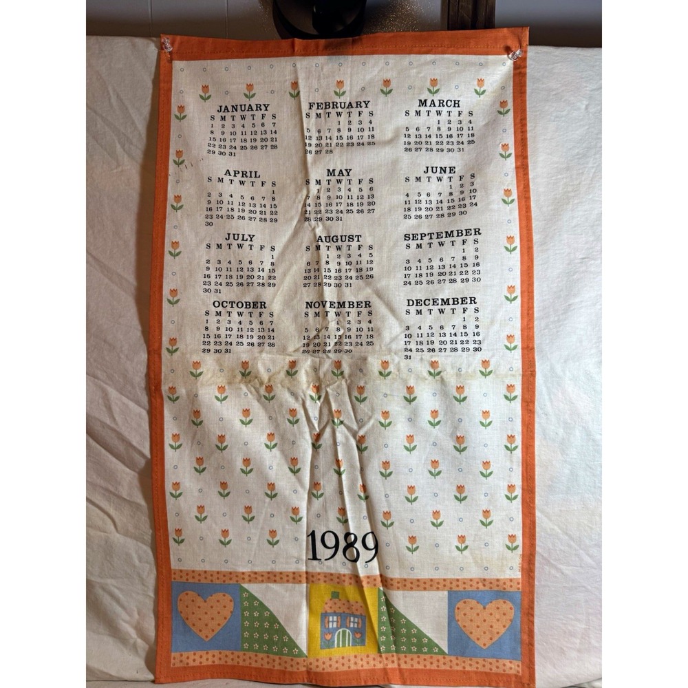 1989 Calendar Floral Tea Towel 100% Cotton Country Style Made in Brazil